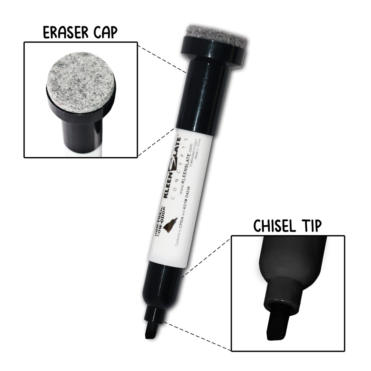 (12) Pack Large Color Dry Erase Markers with Eraser Cap, Chisel Point