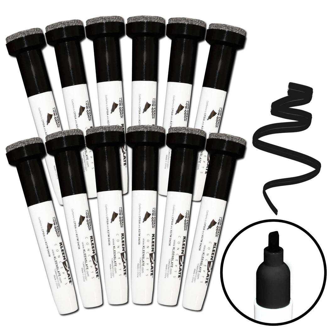 (12) Pack Large Black Dry Erase Markers with Eraser Cap, Chisel Point