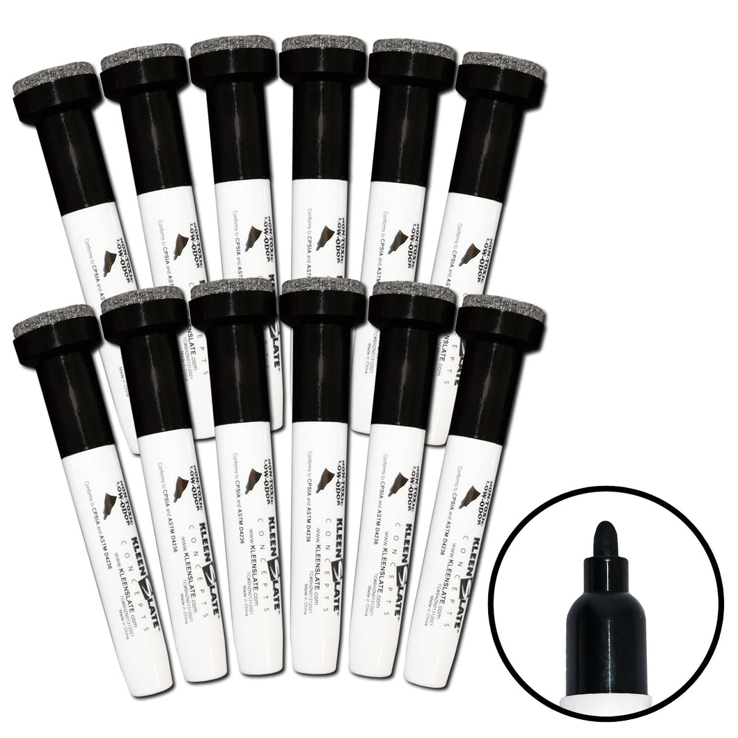 (12) Pack Large Black Dry Erase Markers with Eraser Cap, Round Point