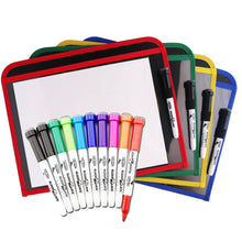 Load image into Gallery viewer, Home School Kit (4) Durable Dry Erase Pocket w/Sturdy Back and Clear Vinyl Sleeve + 12 Dry Erase Markers with Erasers (4 Black, 8 Assorted Color) + (1) Microfiber Cleaning Cloth
