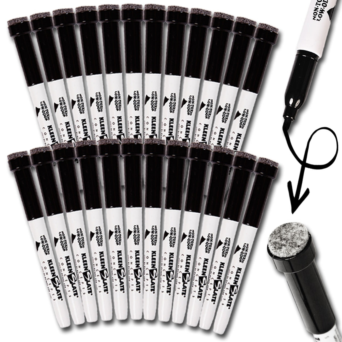 (24) Pack Small Black Dry Erase Markers with Eraser Caps KleenSlate